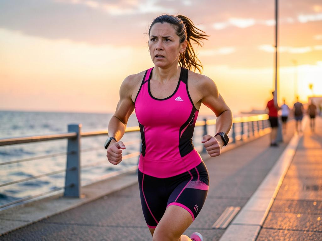 Triatleta corriendo por el paseo marítimo al atardecer